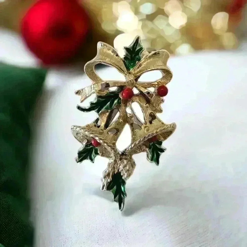 Vintage Gerry's Enamel Christmas Bell Ribbon Brooch Signed Silver Tone